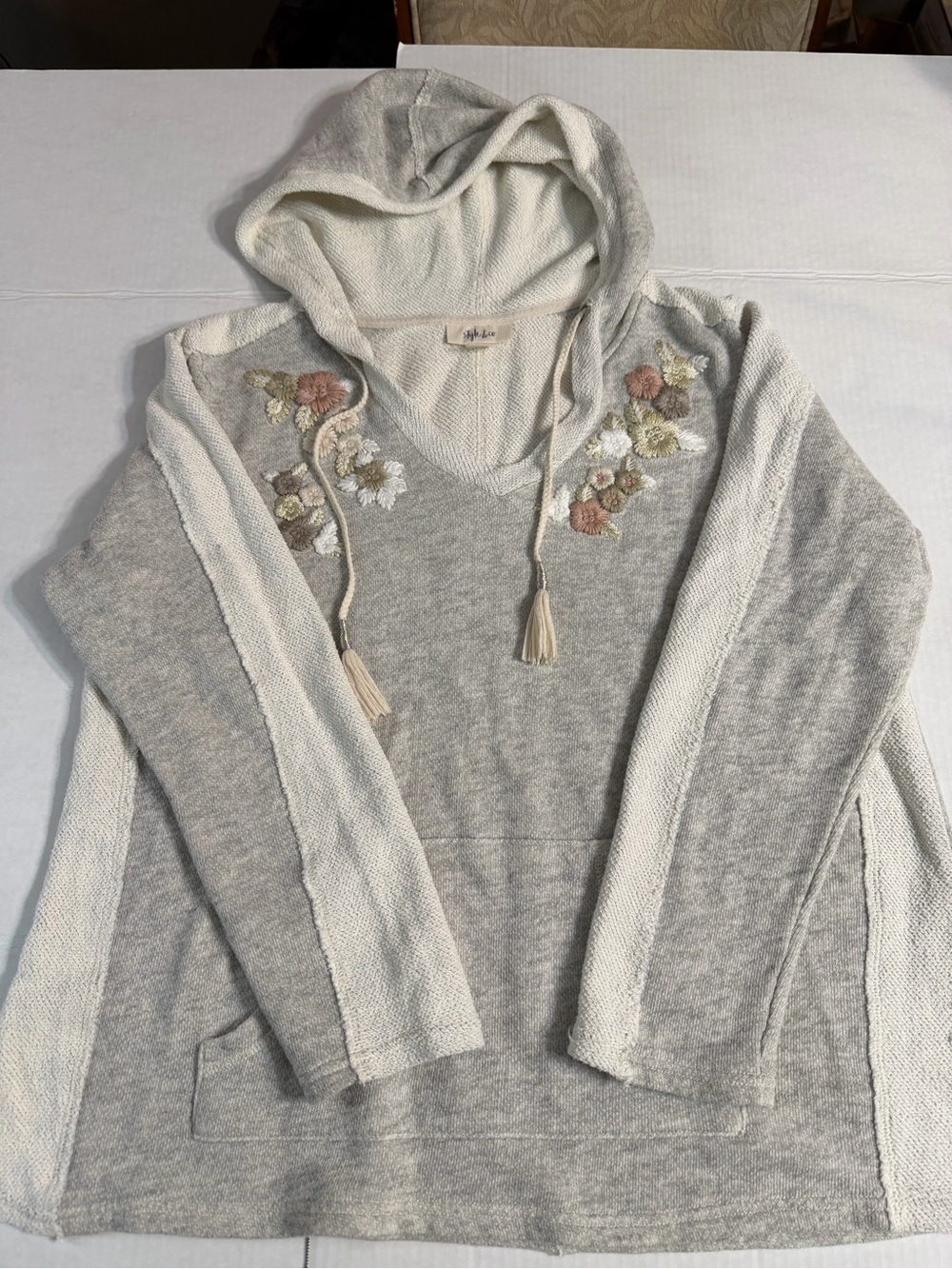 Style & Co. Heather Light Gray Hooded Pullover with Floral Embroidery